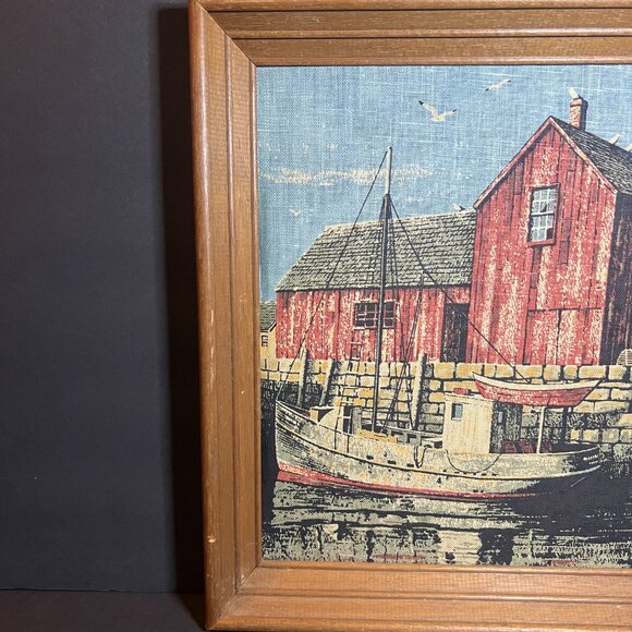 Vintage Nautical Wooden Framed Dockside Fishing Boat Cove Linen Wall Art Print - Picture 2 of 6